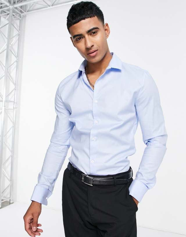 ASOS DESIGN formal royal oxford skinny shirt with double cuff in blue