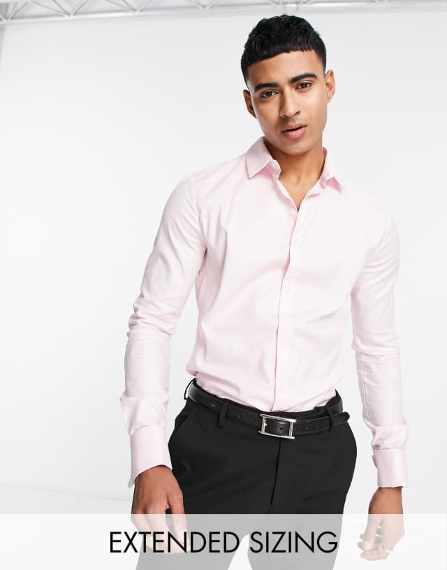 ASOS DESIGN formal royal oxford skinny shirt with double cuff in pink