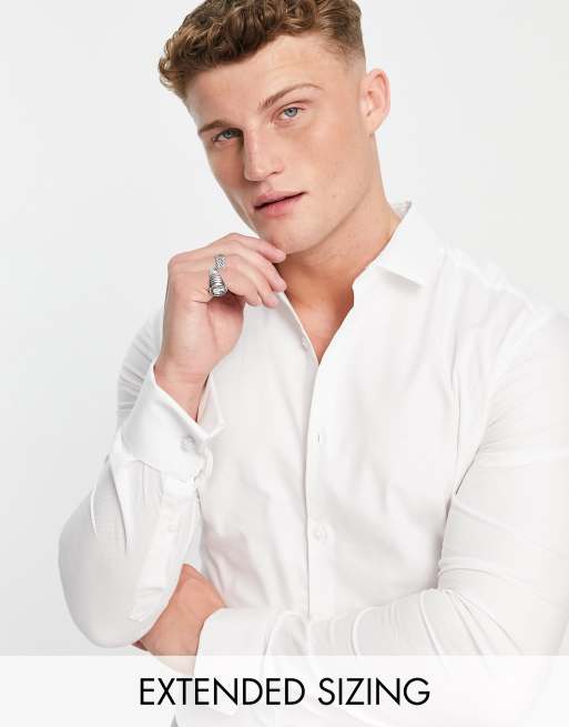 ASOS DESIGN - Formal Royal - Skinny Oxford-skjorte med dobbelt ærmekanter i hvid