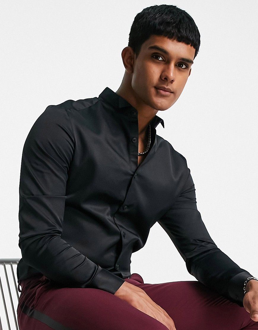 ASOS DESIGN formal sateen skinny fit shirt with wing collar in black