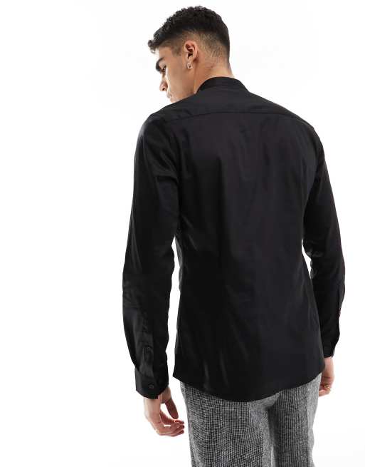 ASOS DESIGN regular lace shirt with tie neck and blouson sleeve in black