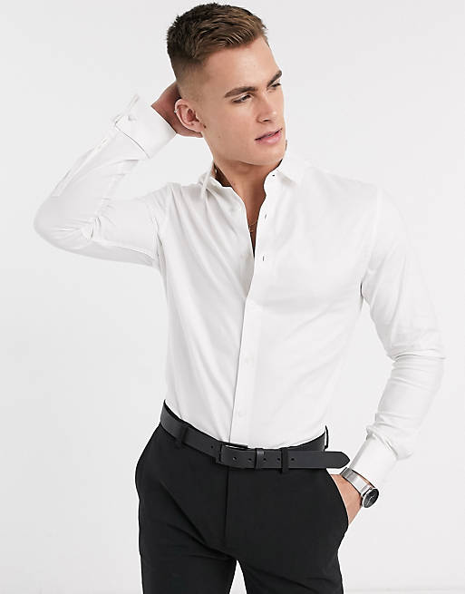 ASOS Super Skinny Muscle Fit Shirt With Contrast Buttons in White for Men Mens Clothing Shirts Formal shirts 