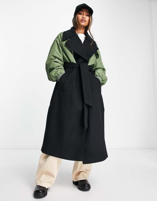 ASOS DESIGN - Formel hybridfrakke med bomber-ærmer i sort og kakigrøn 