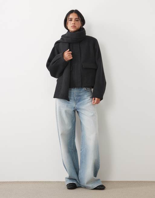 ASOS DESIGN formell kort kappa och scarf-set med ull i gråmelerad, 2 av 4