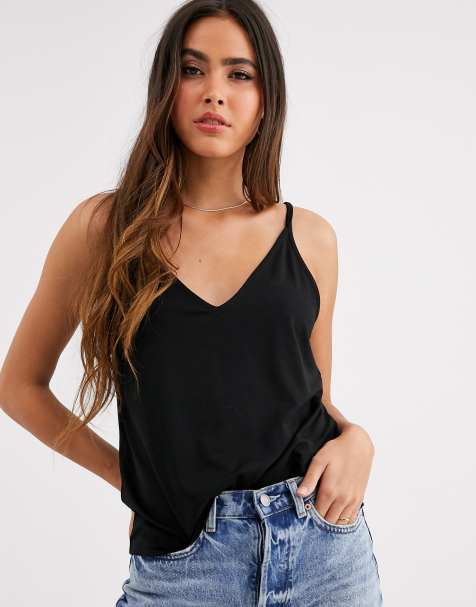 ASOS DESIGN – Formelle Camisole aus schwarzem Lyocel mit beidseitigem V-Ausschnitt