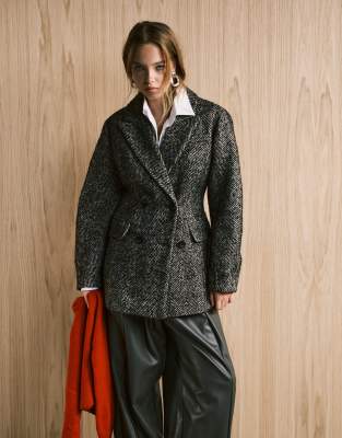 ASOS DESIGN - Formeller, geformter Kurzmantel mit Fischgrätmuster-Schwarz