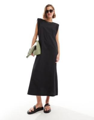 ASOS DESIGN - Formloses Baumwoll-Midikleid in Schwarz mit Schulterpolstern