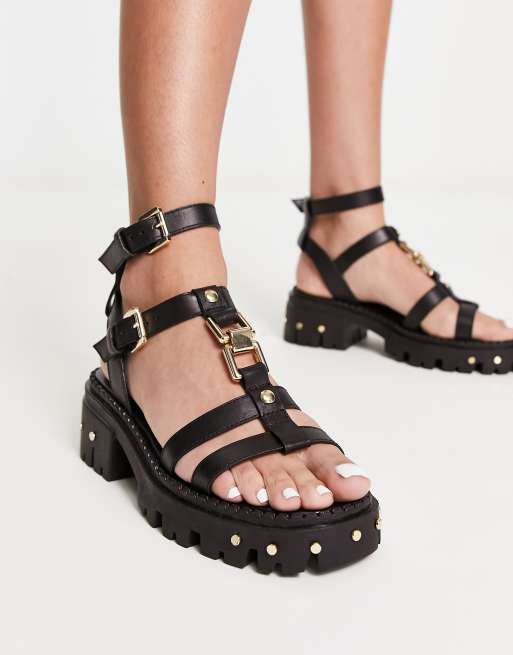 ASOS DESIGN Forrest leather strappy chunky flat sandals in black