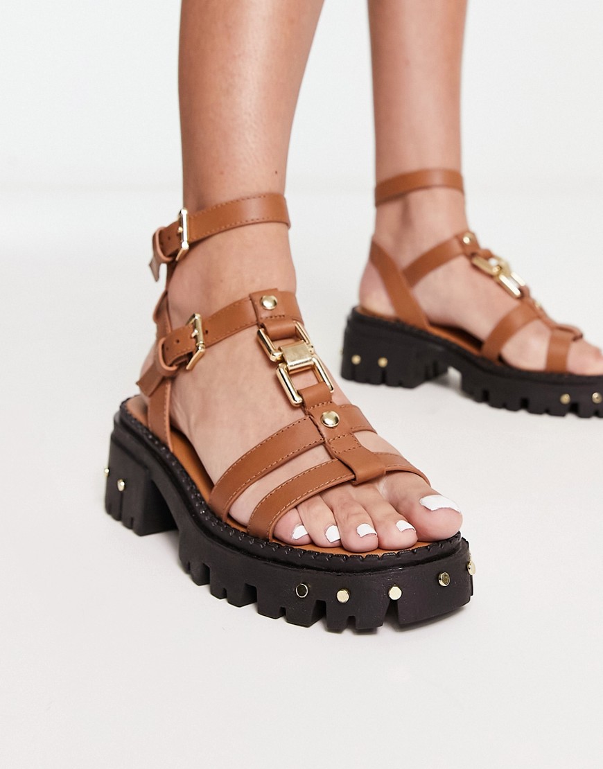 Asos Design Forrest Leather Strappy Chunky Flat Sandals In Tan-brown