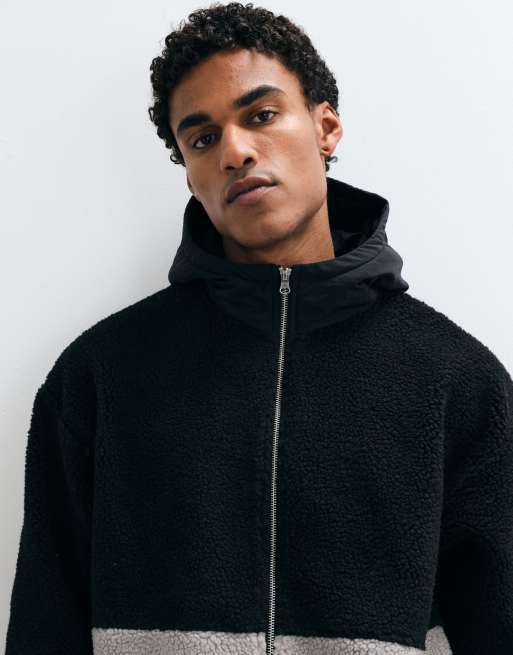 ASOS DESIGN forro polar extragrande con cremallera completa y capucha con paneles cortados y cosidos en negro, 3 de 5