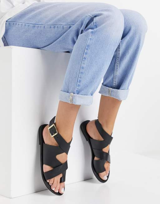 ASOS DESIGN Fortify leather flat sandals in black