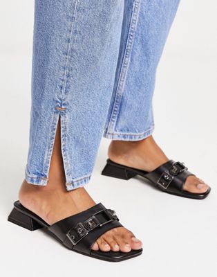 ASOS DESIGN Fortress stud and buckle heeled sandal in black