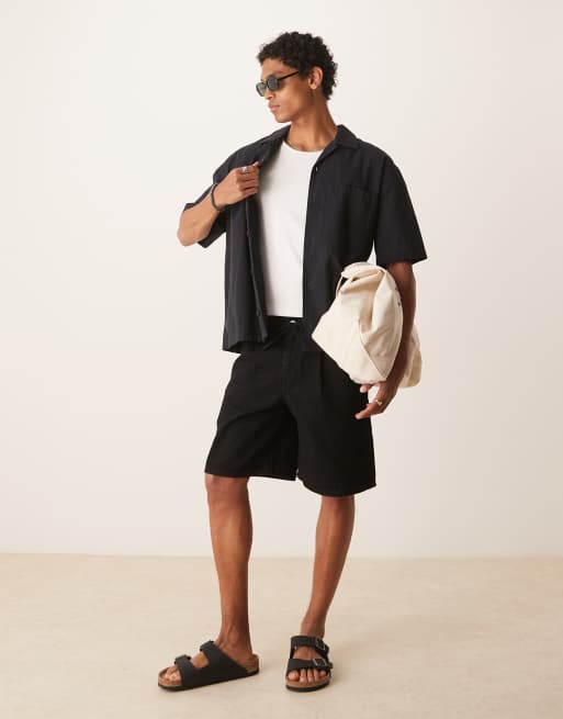 ASOS DESIGN - Forvaskede sorte mellemlange denimshorts med brede ben og bindebånd foran