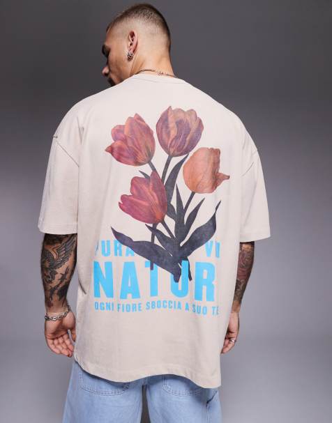 ASOS DESIGN - Forvasket beige oversized T-shirt i kraftigt stof med blomstergrafik - view 1