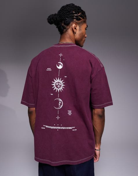 ASOS DESIGN - Forvasket bordeaux oversized T-shirt i kraftigt stof med kosmisk print langs rygraden - view 1