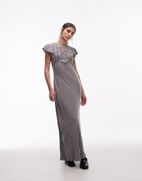ASOS DESIGN - Forvasket grå og højhalset maxikjole med flæseærmer og blondeindsatser - view 1