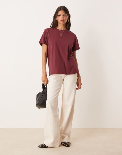 ASOS DESIGN - Forvasket kirsebærrød, løstsiddende og regular fit-T-shirt med rå kanter, 3 af 4