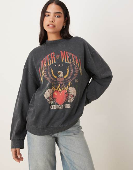ASOS DESIGN - Forvasket koksgrå sweatshirt med oversized pasform og ørne-rockgrafik i vintagestil