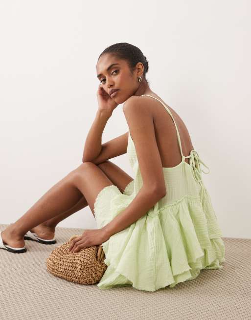ASOS DESIGN - Forvasket limegrøn mini-sommerkjole i dobbeltstof med slidte flæser, 2 af 4
