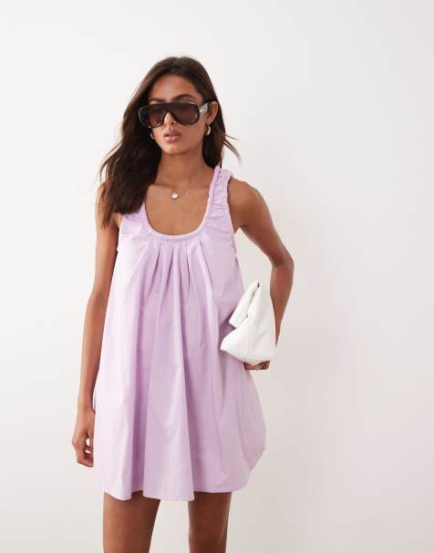 ASOS DESIGN - Forvasket lyslilla mini-solkjole med dyb rund hals i poplin - view 1