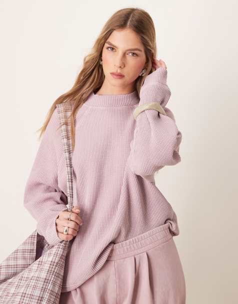 ASOS DESIGN - Forvasket lyslilla top med høj hals og raglanærmer i vaffelstruktureret stof - view 1