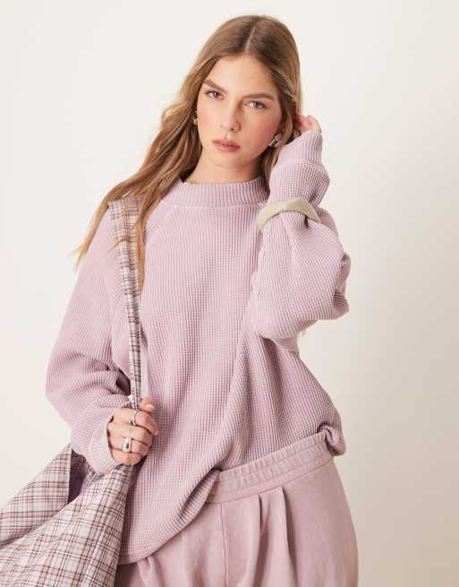 ASOS DESIGN - Forvasket lyslilla top med høj hals og raglanærmer i vaffelstruktureret stof