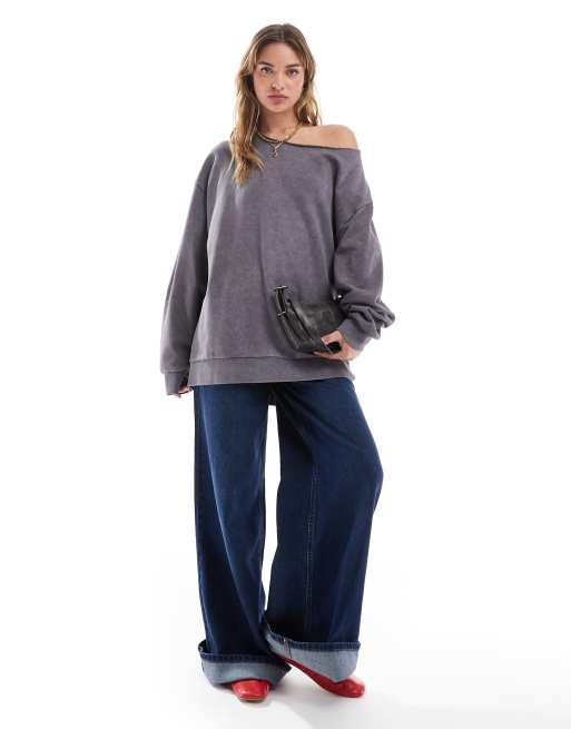 ASOS DESIGN - Forvasket skifergrå sweatshirt med offshoulder-snit, 2 af 4