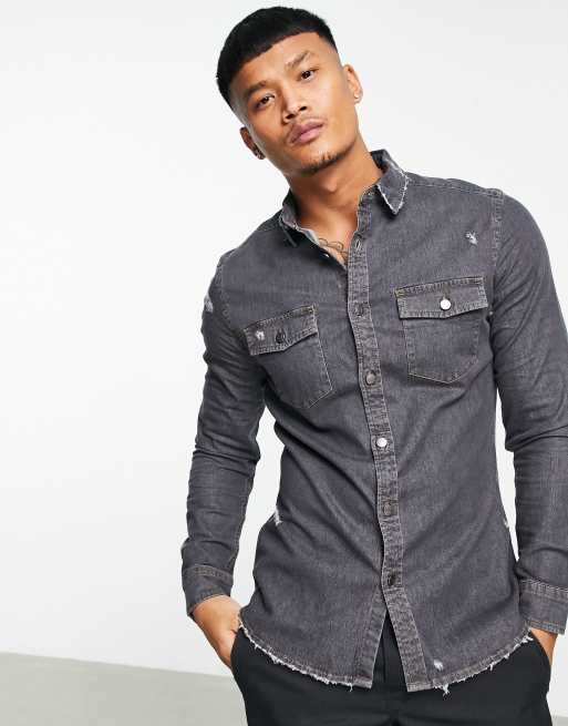 ASOS DESIGN - Forvasket sort denimskjorte i skinny fit med flænger, 4 af 4