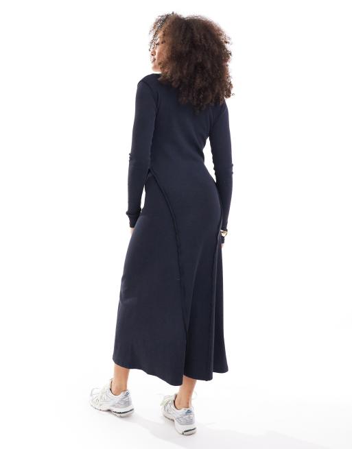 ASOS DESIGN - Forvasket sort langærmet midikjole med V-hals og voluminøst skørt, 4 af 4