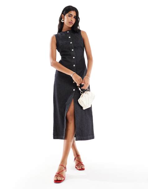 ASOS DESIGN - Forvasket sort maxikjole i denim med rund hals og knapper foran - view 1