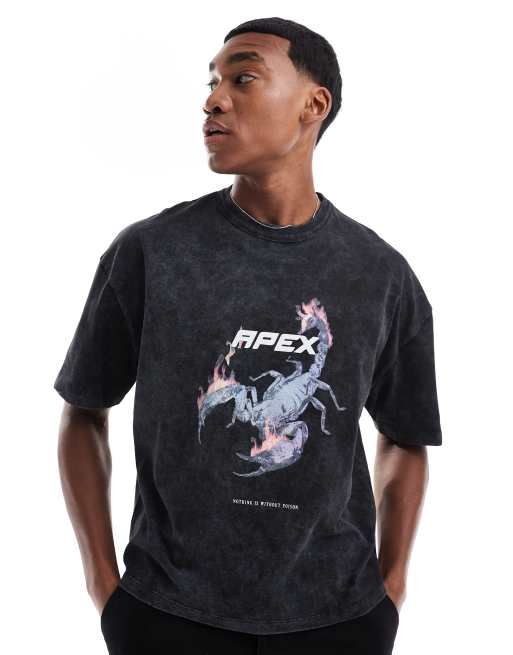 ASOS DESIGN - Forvasket sort oversized firkantet T-shirt i kraftigt stof med print