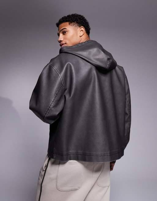 ASOS DESIGN - Forvasket sort oversized jakke i imiteret læder med hætte, 3 af 4
