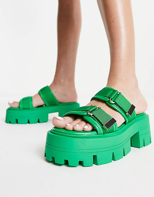 ramp mout racket ASOS DESIGN - Foster - Chunky platte sandalen met dubbele band in groen |  ASOS