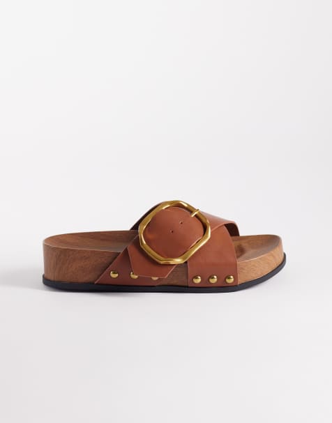 ASOS DESIGN Foster leather clog mule sandals in tan - view 1