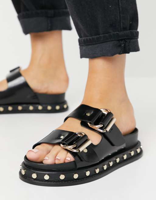 ASOS Mystery Premium Leather Chunky Flat Shoes With Chain in Black