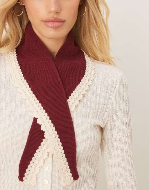 ASOS DESIGN - Foulard en maille avec bordures en dentelle crochetée - Bordeaux, 2 de 3