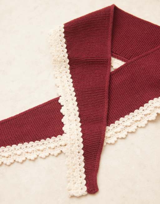 ASOS DESIGN - Foulard en maille avec bordures en dentelle crochetée - Bordeaux, 3 de 3