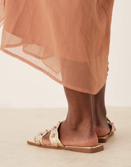 ASOS DESIGN Found flat mules with stones in gold, 3 of 4