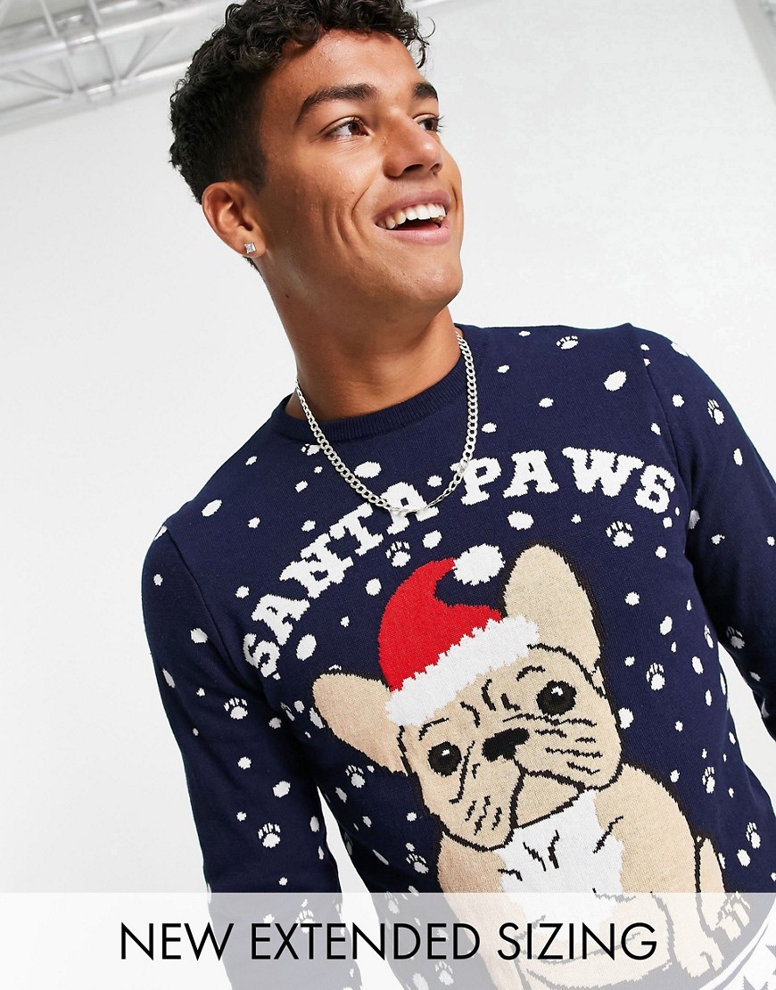 ASOS DESIGN Foundation Christmas sweater with french bulldog design-Navy