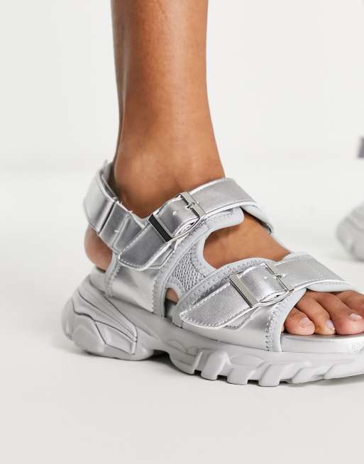 ASOS DESIGN Fountains chunky sporty flat sandals in silver