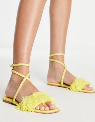 ASOS DESIGN Four faux feather flat sandals in yellow - ASOS Price Checker