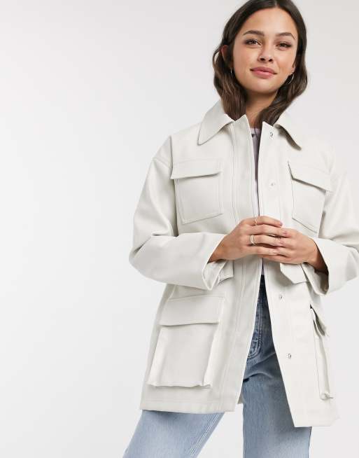 ASOS DESIGN four pocket belted faux leather jacket in white