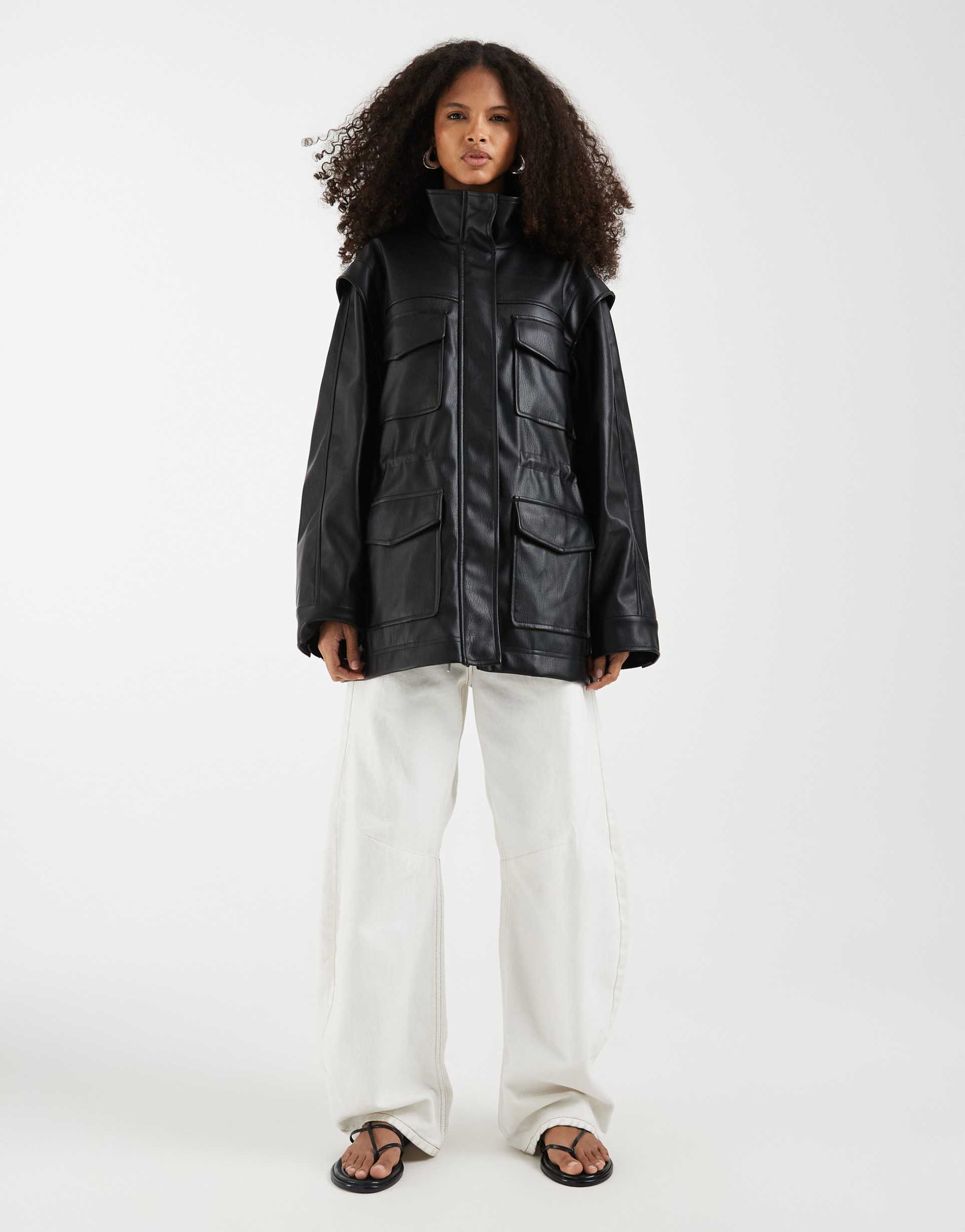 asos design four pocket leather look utility jacket in black