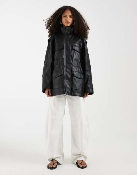 ASOS DESIGN four pocket utility leather look jacket in black - view 1