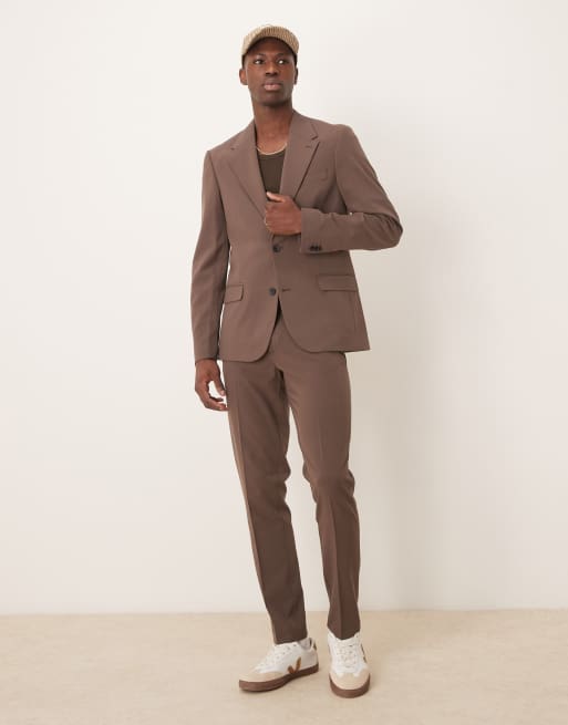ASOS DESIGN four way stretch skinny fit suit jacket in brown, 2 of 5