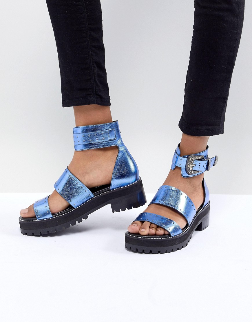Asos Design Foxglove Premium Leather Gladiator Flat Sandals-blue
