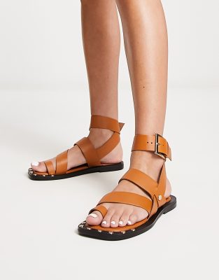 Asos Design Foxy Leather Studded Toe Loop Flat Sandal In Tan-brown