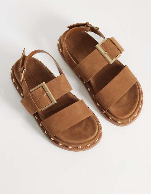 ASOS DESIGN Fraction premium studded footbed sandals in tan suede, 2 of 4