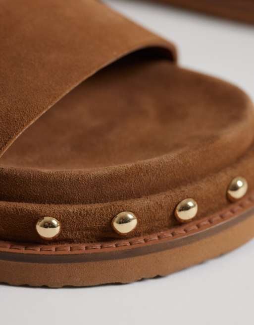 ASOS DESIGN Fraction premium studded footbed sandals in tan suede, 3 of 4