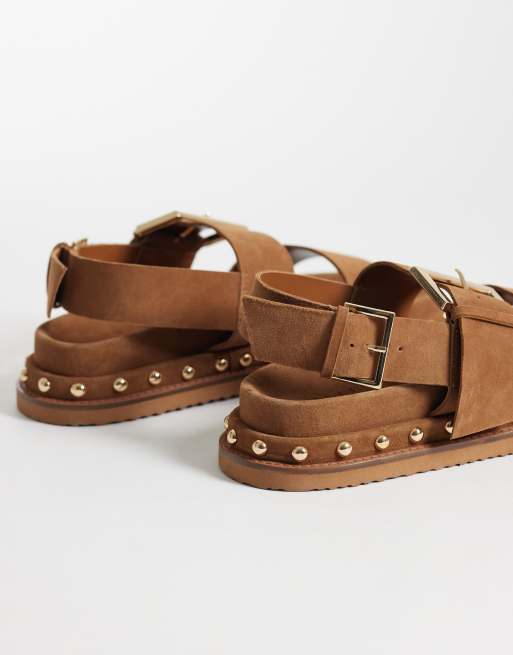 ASOS DESIGN Fraction premium studded footbed sandals in tan suede, 4 of 4